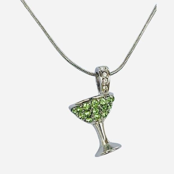 Lia Sophia Green Rhinestone Sparkle Martini Glass Silver Metal Chain Necklace - Picture 2 of 9